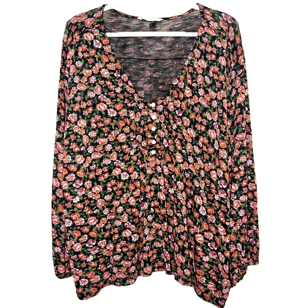 Lucky Brand Floral Peasant Blouse Large Boho 100% Viscose Button Front Top